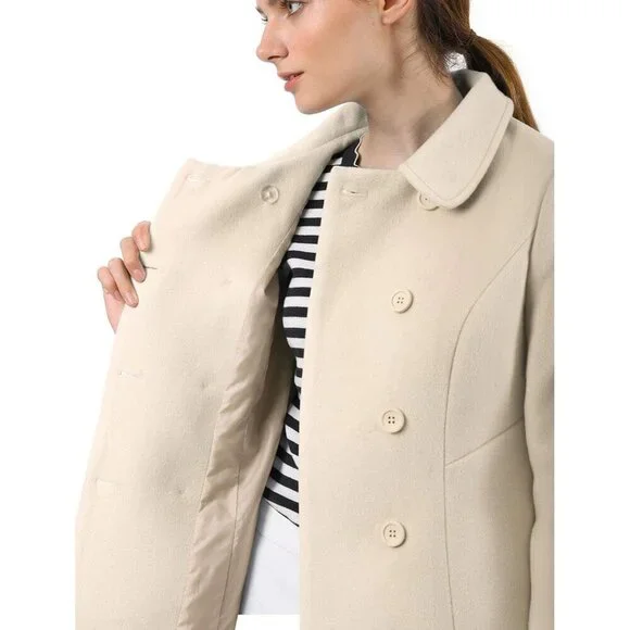 Women's Beige Peter Pan Collar Double Breasted Winter Long Trench Pea Coat - Picture 2 of 8